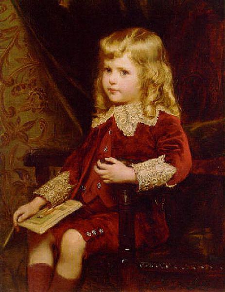 Alfred Edward Emslie Portrait of a young boy in a red velvet suit oil painting picture